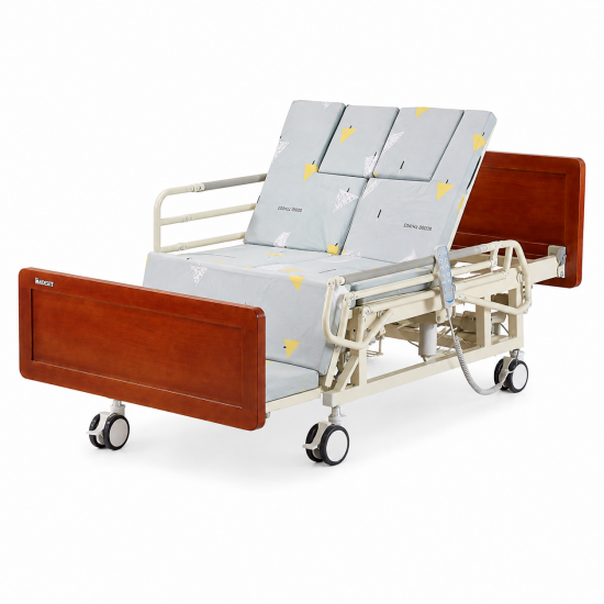 Multi-Position Electric Turning Nursing Bed with Wooden Panels and Folding Side Rails